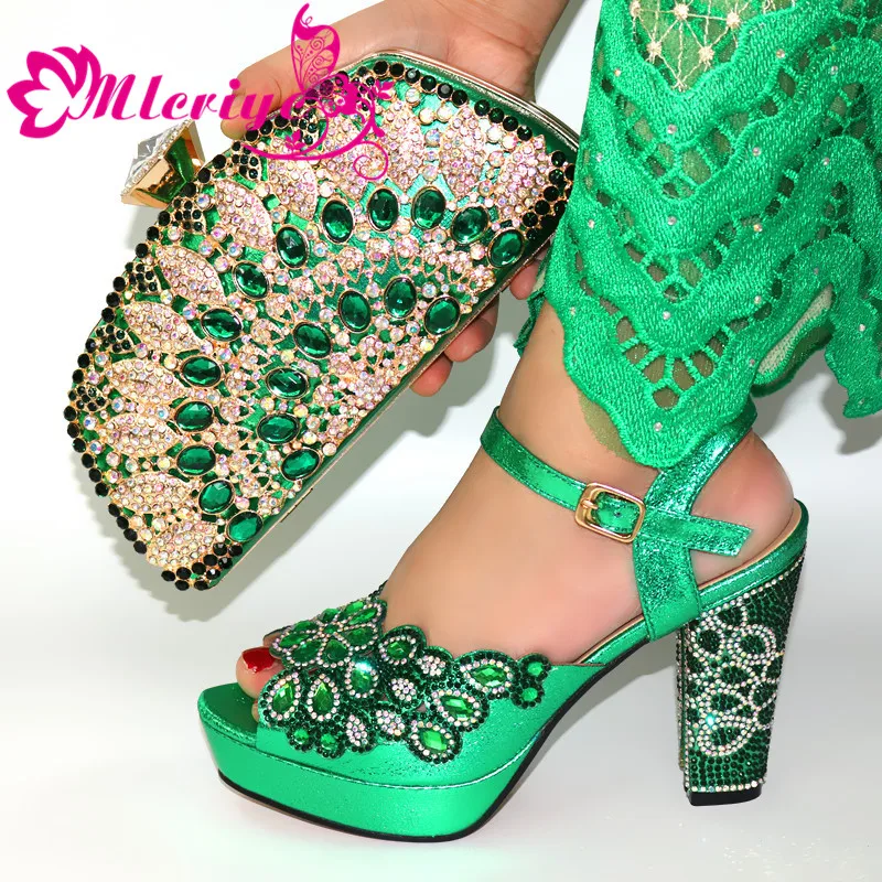 

green Color Shoes With Matching Bags Set Italian Women's Party Shoes and Bag Sets Nigerian Women High Sandals And Handbag