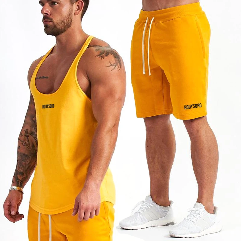 

2019 New Men's Summer Stringer Tanks Set Male Tank Top + Shorts Cotton Gyms Fashion Sportwear Joggers Bodybuilding Fitness Sets