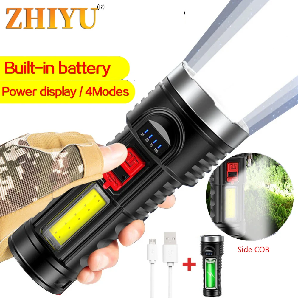 

8000LM Powerful USB Rechargeable Flashlight 4 Modes LED Flashlight with COB Sidelight Built-in 18650 Battery Tactical Torch