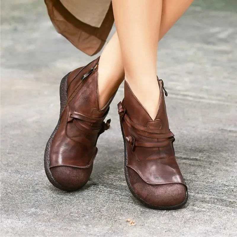 Heflashorботильоны; женская обувь на плоской подошве из искусственной кожи в стиле ретро; повседневные полусапожки с круглым носком на молнии с пряжкой; mujer zapatos; - Цвет: Color 4