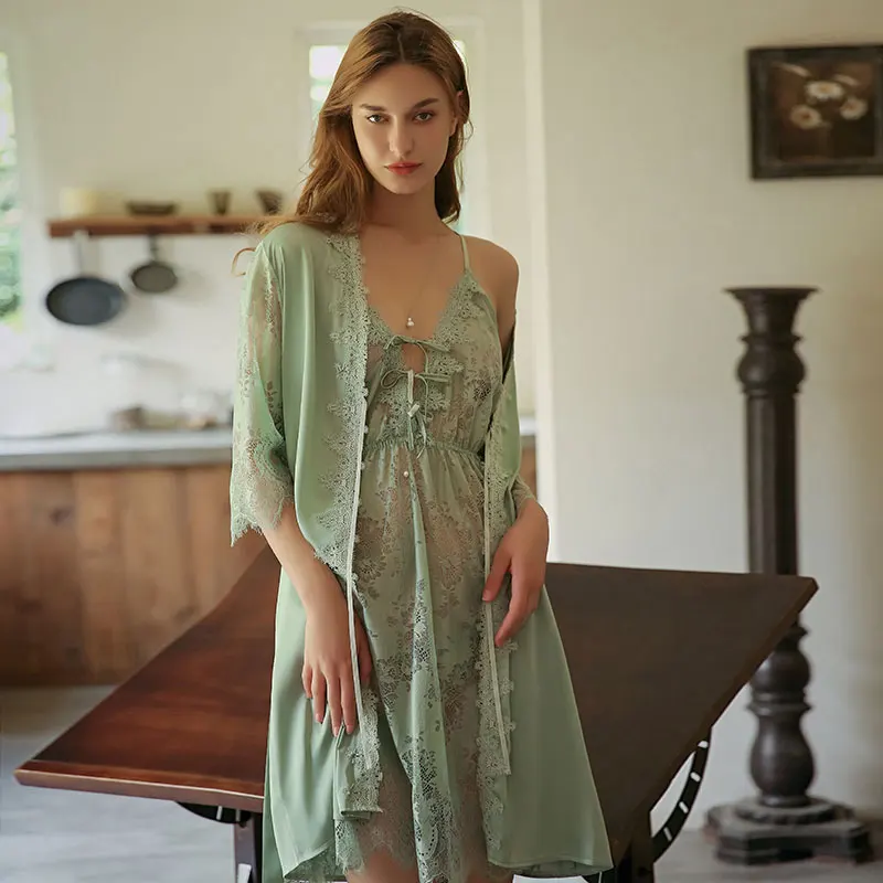 

High Quality Comfortable Perspective Summer New Young Girl Lace Long Robe + Sling Nightdress Suit Sleepwear Nightgown 2 Suit