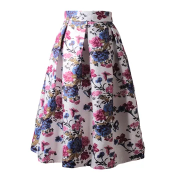 

2020 Knee Length Casual Skirt Runway Summer Spring Vintage Floral Printed Ball Gown Pleated Midi Women Skirt Saias For Women