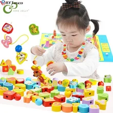 Jouets en bois pour bébés, 26 pièces, bricolage, dessin animé, Animal, Fruit, enfilage, perles en bois, jeux éducatifs pour enfants