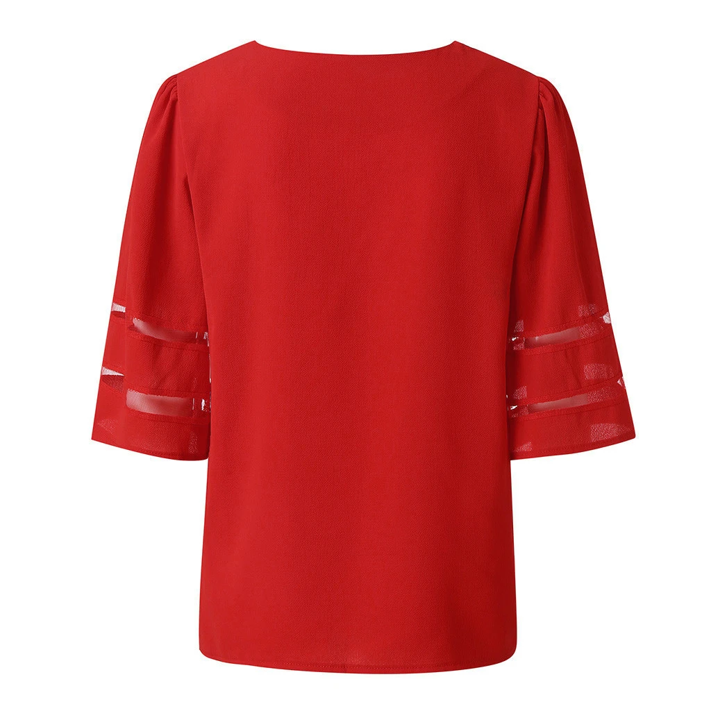 CHAMSGEND Womens Blouses Vintage Loose Christmas Long Sleeve Trumpet Blouse Ladies V-Neck Mesh Top Fashion Clothing 1023