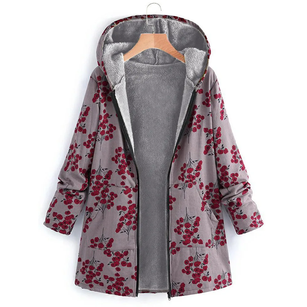 Зимняя женская куртка, плюшевое пальто, женская ветровка, теплая верхняя одежда, цветочный принт, с капюшоном, с карманами, Ретро стиль, больше размера, пальто размера плюс