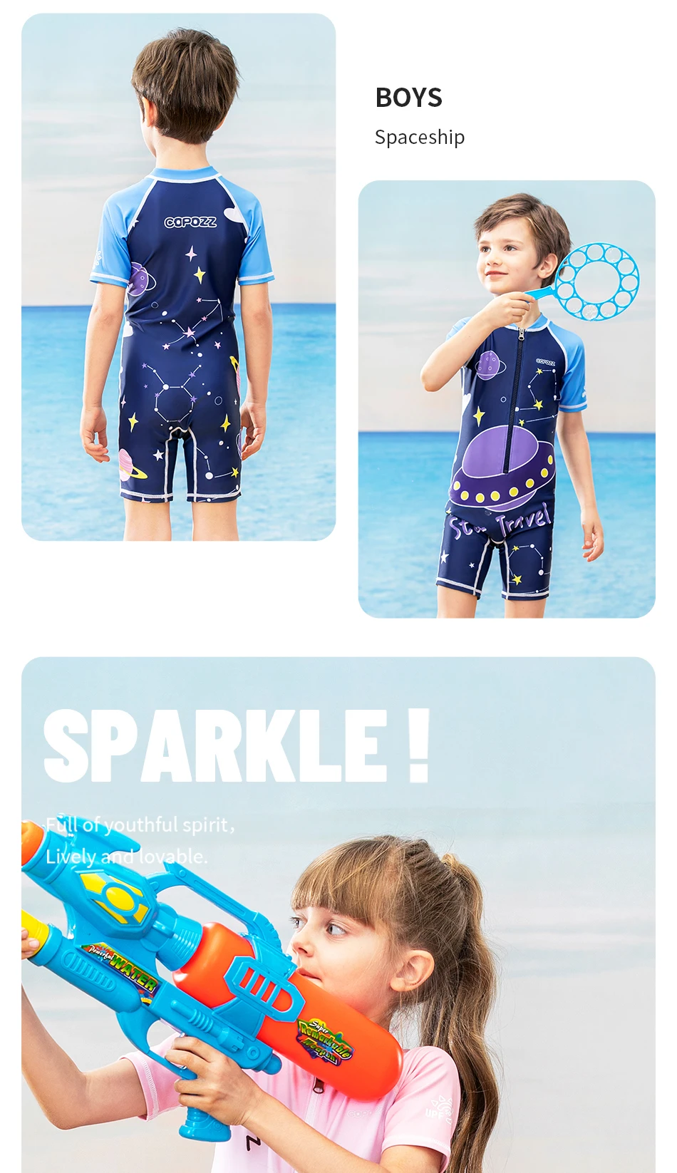 COPOZZ Children's One-piece Swimsuit Swimwear Cartoon Sports Swimsuit Surfing Suits Beach Wear For Boys Girls UV Protection 50+