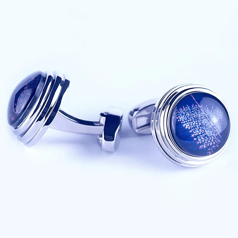 Beautiful  Round Blue Snowflake Stone With flower Rhodium-Plated Cufflinks For Mens Luxury Quality Jewelry