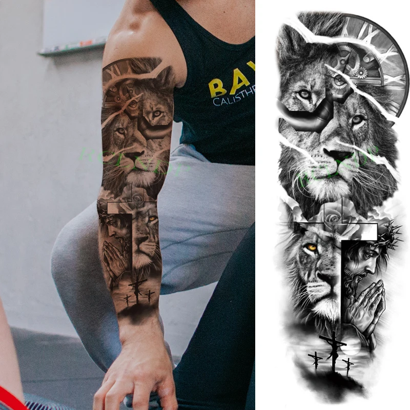 Waterproof Temporary Tattoo Sticker Lion Cross Jesus Roma Clock Full Arm Fake Tatto Flash Tatoo Sleeve Tato For Men Women Temporary Tattoos Aliexpress