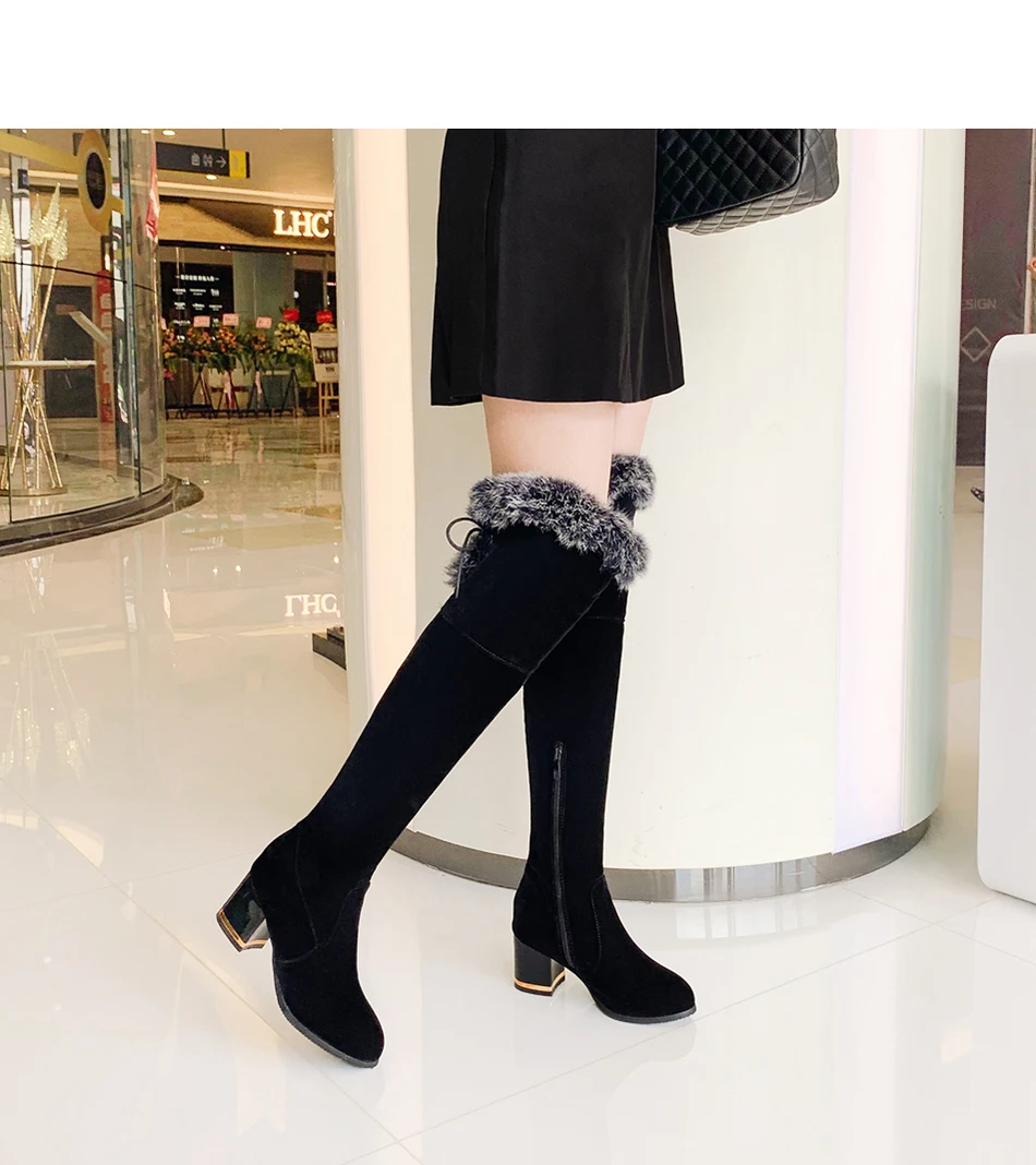Plus Size 34-46 Thigh High Boots Winter Boots Women Rabbit Fur Keep Warm Over The Knee Boots High Heel Sexy Fashion Shoes Boots