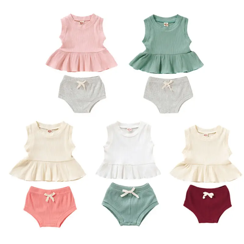 

New 0-24M Baby Girl Clothes Girls Ruffle Sleeveless T-shirt Top Newborn Short Pants Baby Summer Clothing Kids Outfit Kid 2PCS