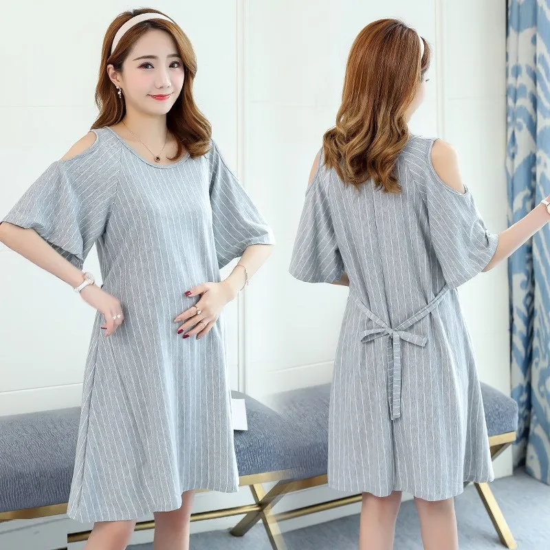 

2019 Summer New Style Crew Neck Stripes off-Shoulder Short Sleeve Loose And Plus-sized Slimming Lace-up Fashion Pregnancy Dress