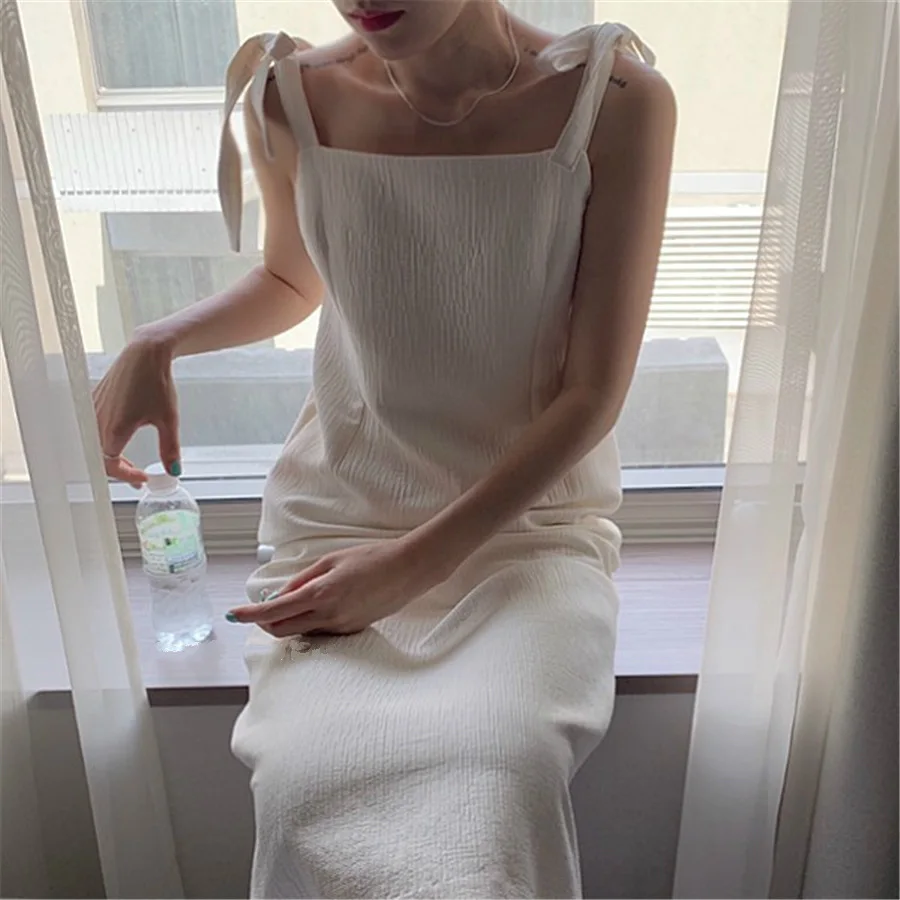 

Women Summer Dresses Sexy Spaghetti Strap Slim Bow Tie Backless Tank Korean Elegant Robe Femme Casual Beach Long Party Dress
