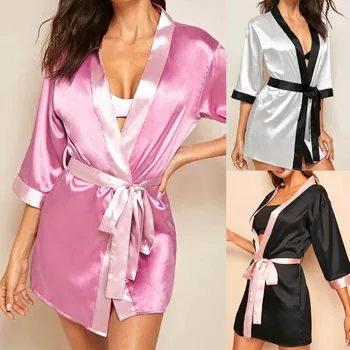 

New Silk Long Sleeve Sleepwear Women's Faux Silk Robe Bath Gown With Belt Bathrobe Kimono Yukata Bathrobe Solid Color Sleepwear