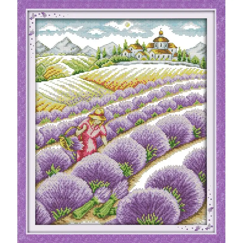 

Joy Sunday Lavender Field Floral Painting Counted Printed On Canvas 11CT 14CT DMS Cross Stitch Pattern DIY Needlework Sets