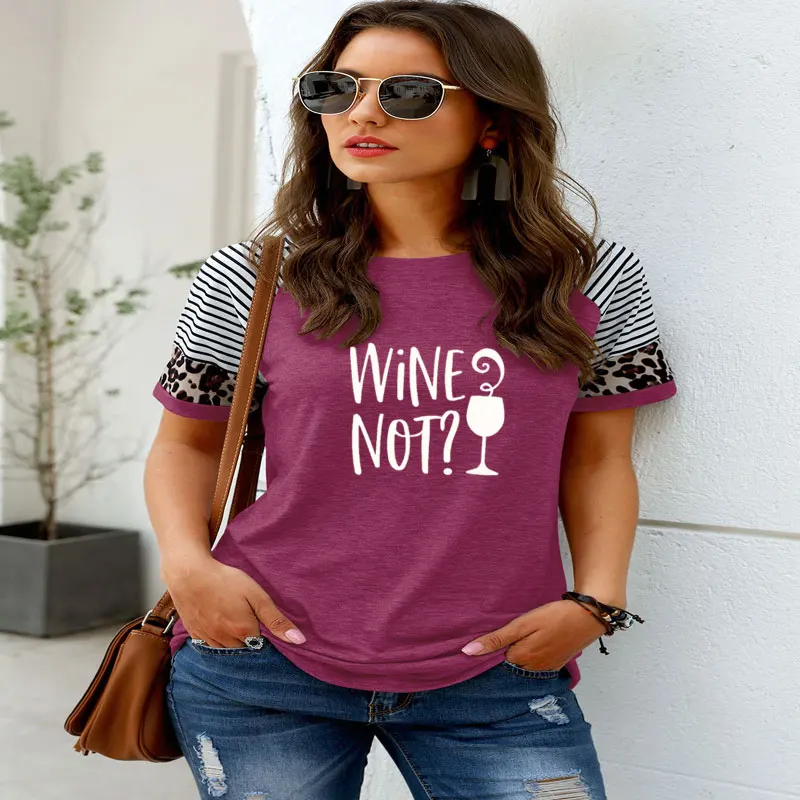 

Wine Not Print Women Tshirts Cotton Casual Funny t Shirt Street fashion Splicing Short sleeve gothic clothing Lady Top Tee