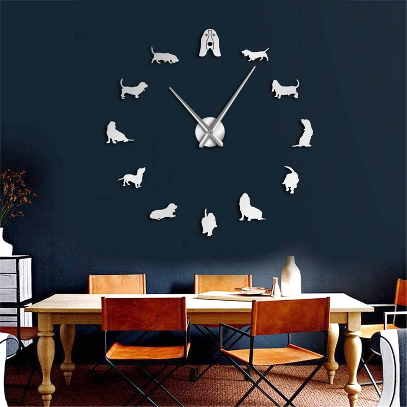 Basset Hound Acrylic Mirror Silhouette Diy Giant Wall Clock Pet Shop Dog Breed Big Clock Frameless Wall Watch Dog Lover