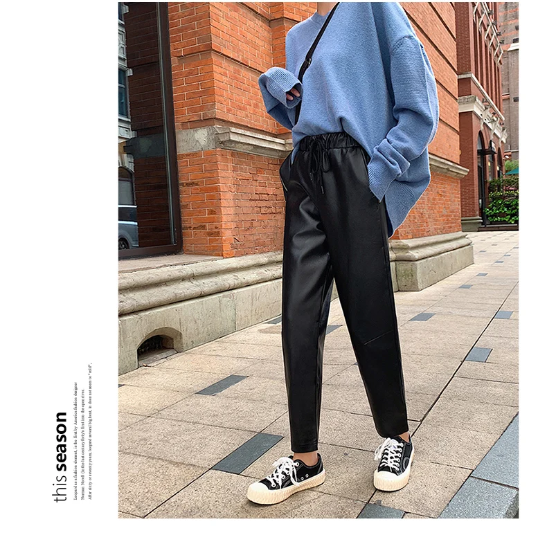 JUJULAND woman winter PU pants Leather pants with a tight waistline Leather pants for winter 9905