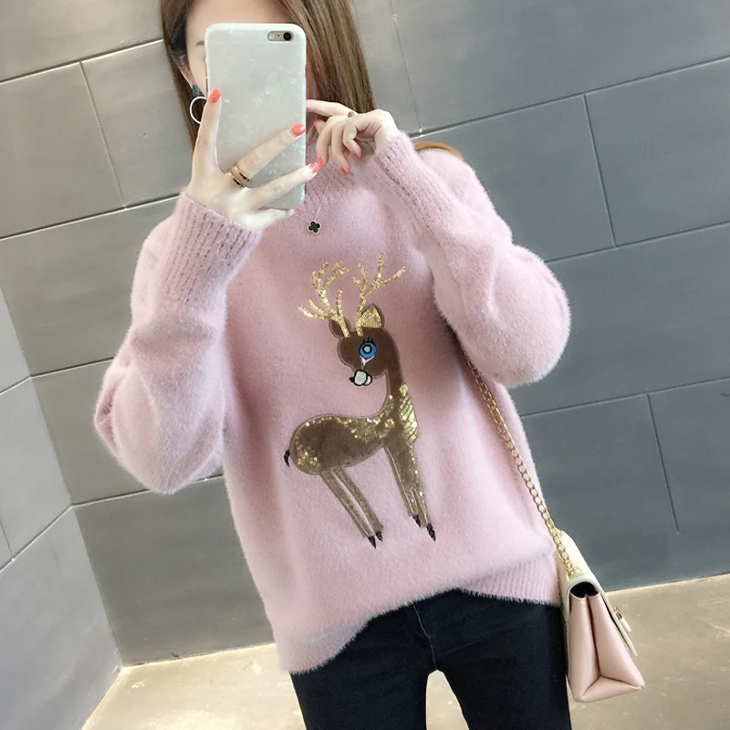 green sweater Cute Sweater Korean Reindeer Ugly Christmas Sweater Women Winter Warm Sweaters Fluffy Cashmere Jumper Turtleneck Pullover 2021 cropped sweater