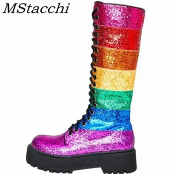 

MStacchi Classics Colour Mixture Flat Boots Lace-Up Leather Women Boots Round Toe Zipper The Knee Boots Winter Rome Women Boots