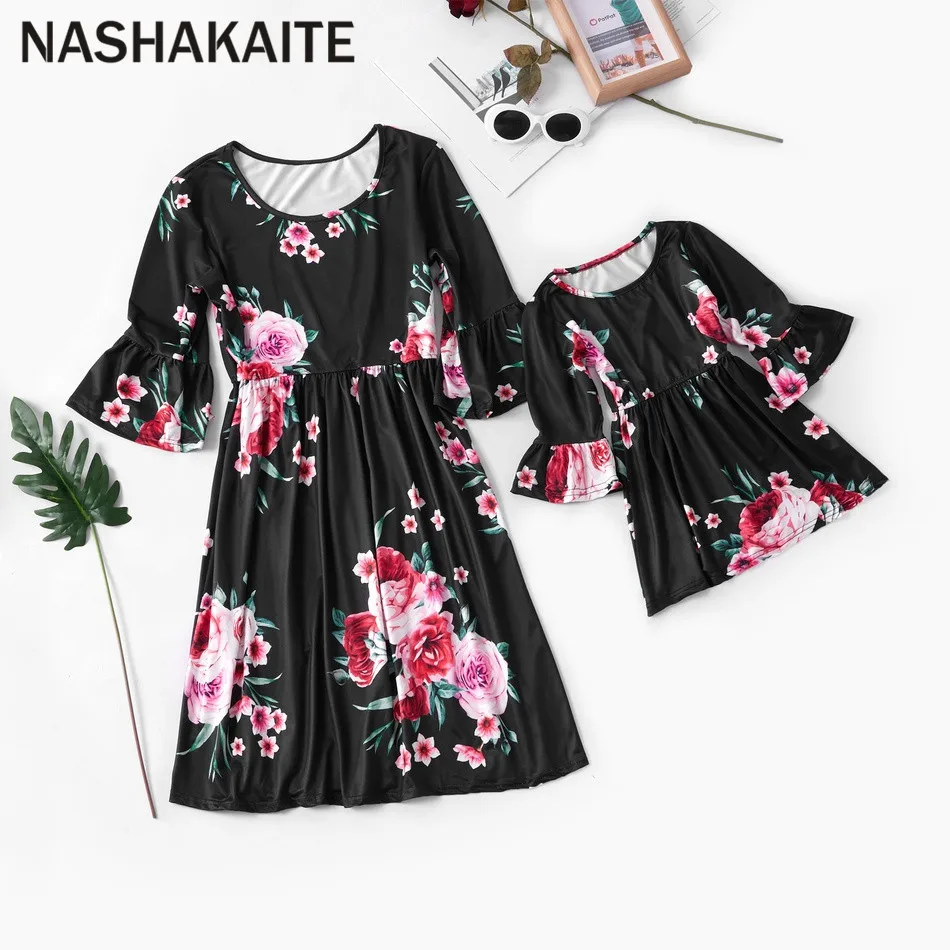 

NASHAKAITE Family Matching Dresses Flare Sleeve Print Matching Mini Dress Mom and daughter dress Autumn Mum Daughter Clothes