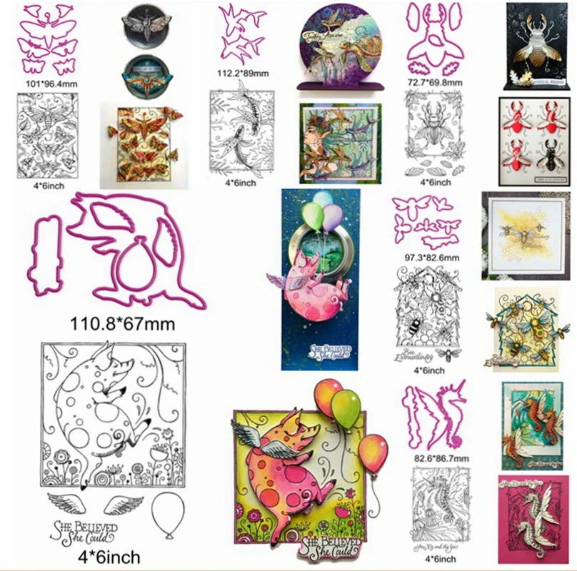

Mix Animals Pig Wind Fly Cicada Insect Bee Seahorse Butterfly Fish Clear Silicone Stamps Match Metal Cutting Dies Make Cards DIY