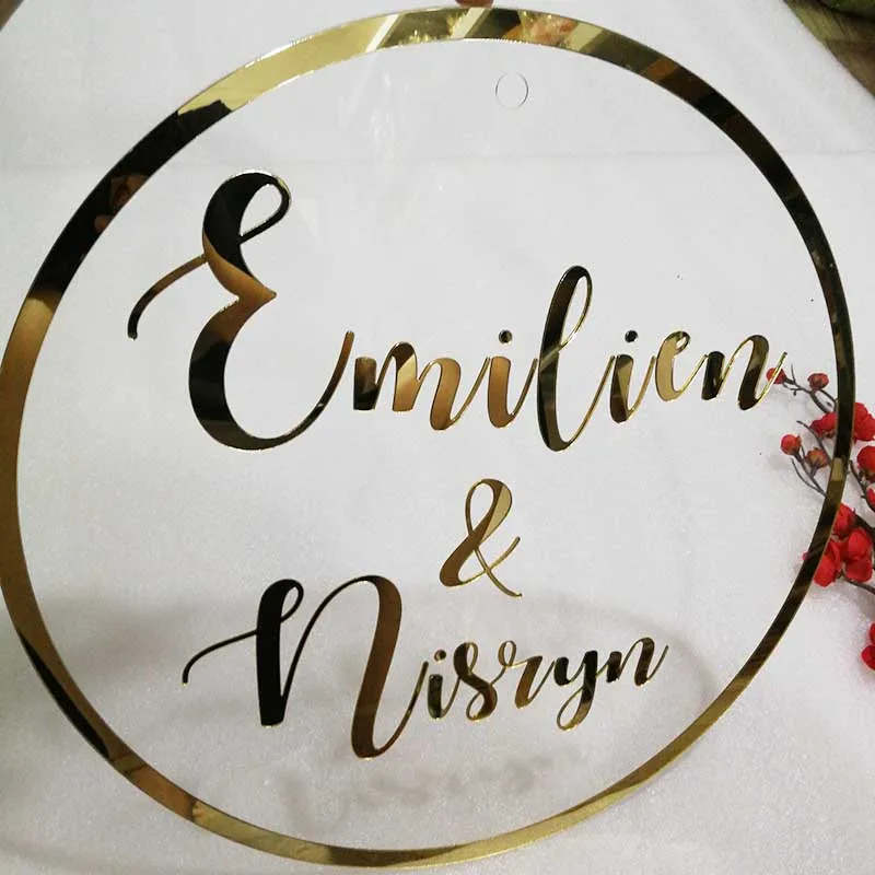 Gold Mirror Wedding Sign Hoop Style Circle With Name Wall Sign Personalized Mr&Mrs Wedding Photo Props Backdrop Decors