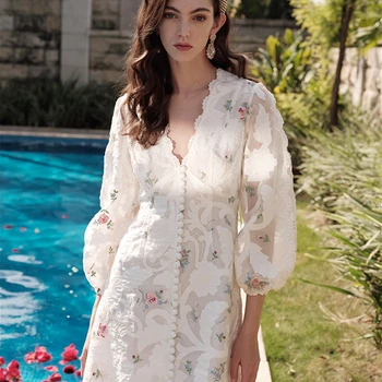 

YAMDI runway long sleeve a-line elegant dresses women embroidery lace high quality summer party vintage dress sexy 2020 bohemian