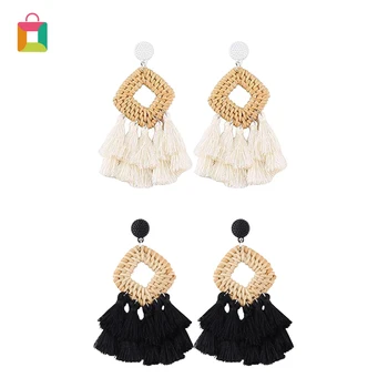 

Handmade pendant earrings for women Bohemian bamboo rattan woven straw tassel earrings fashion tassel jewelry Glittery