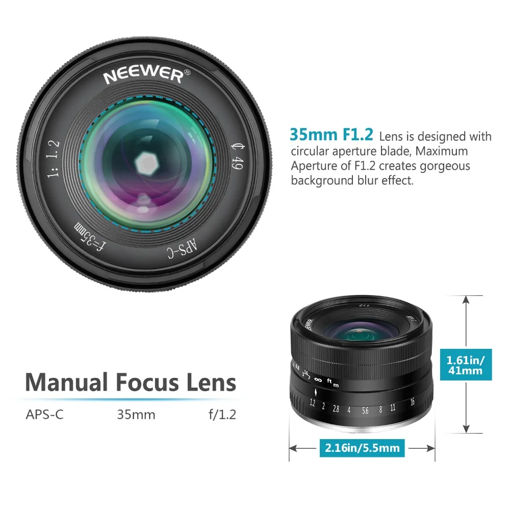 Neewer 35 мм F1.2 Большая диафрагма Prime APS-C алюминиевый Объектив для Fuji X Mount беззеркальных камер