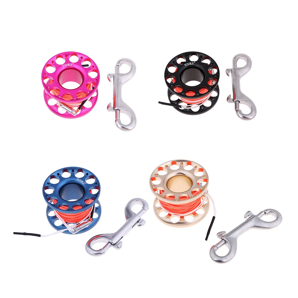 

15m/49ft Aluminum Alloy Dive Finger Spool Reel with Guide Line, Dual End Snap Bolt for Safety Underwater Scuba Diving