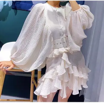 

2020 Women Summer New Long Lantern Sleeves Dress Ruffles Mini High Waist Belt Dress Runway Styles Fashion