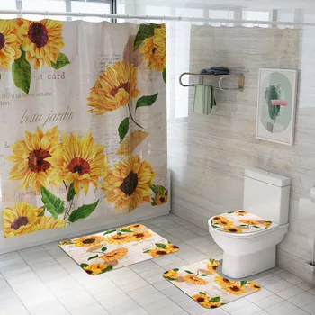 

Daisy and Rose Shower Curtain Floor Mat Four-piece Anti Slip Bathroom Mat Floor Mat Rugs Set Blackout Curtains Toilet Carpet