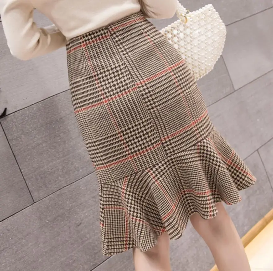 autumn winter plaid woolen skirt women high waist package hip mermaid trumpet skirt