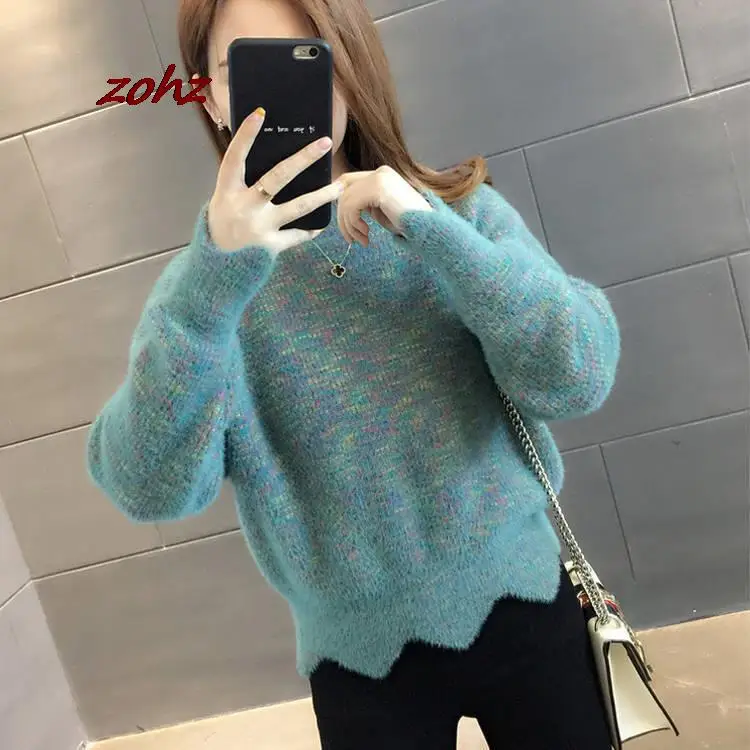 

Woman Sweaters Autumn Winter Half High Collar Faux Mink Cashmere Short Knit Pullover Casual Long Sleeve Wave Hem Rainbow Sweater