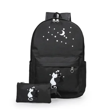 

Simple Style Canvas Backpacks for Women Cartoon Cat Printed Shoulder Bag Student Book Knapsack Travel Rucksack