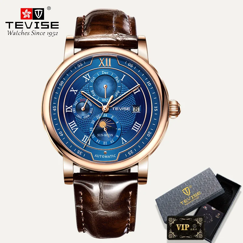 2021 New TEVISE Mens Mechanical Watches Top Brand Luxury Leather Moon Phase Automatic Watch Men Fashion Sport Waterproof Clock 