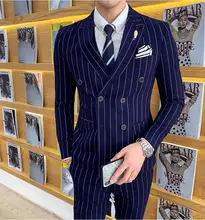  Luxury men's striped wedding casual tuxedo men's British slim suit 2pcs men's quality business social club suit Costume homme 