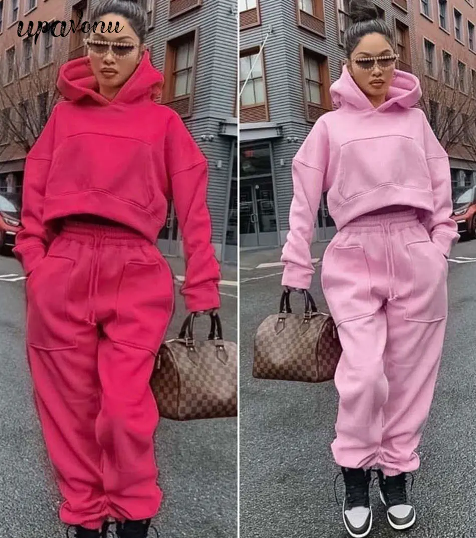 

Free Shipping 2020 Winter Casual Solid Color Hooded Sweatshirt Set Women Short Pullover Sweatshirt & Pants Two-piece Sportswear