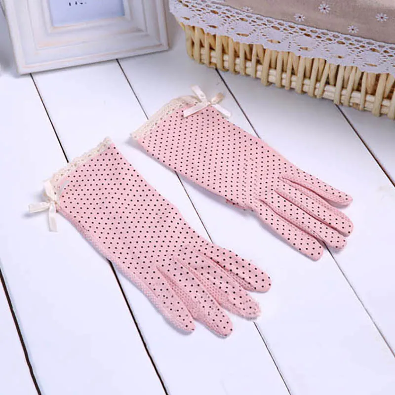 pink Женские перчатки с бантом, мягкие хлопковые осенние женские рукавицы, полный палец, кружевные края, перчатки для девушек, нескользящие перчатки для вождения - Цвет: pink