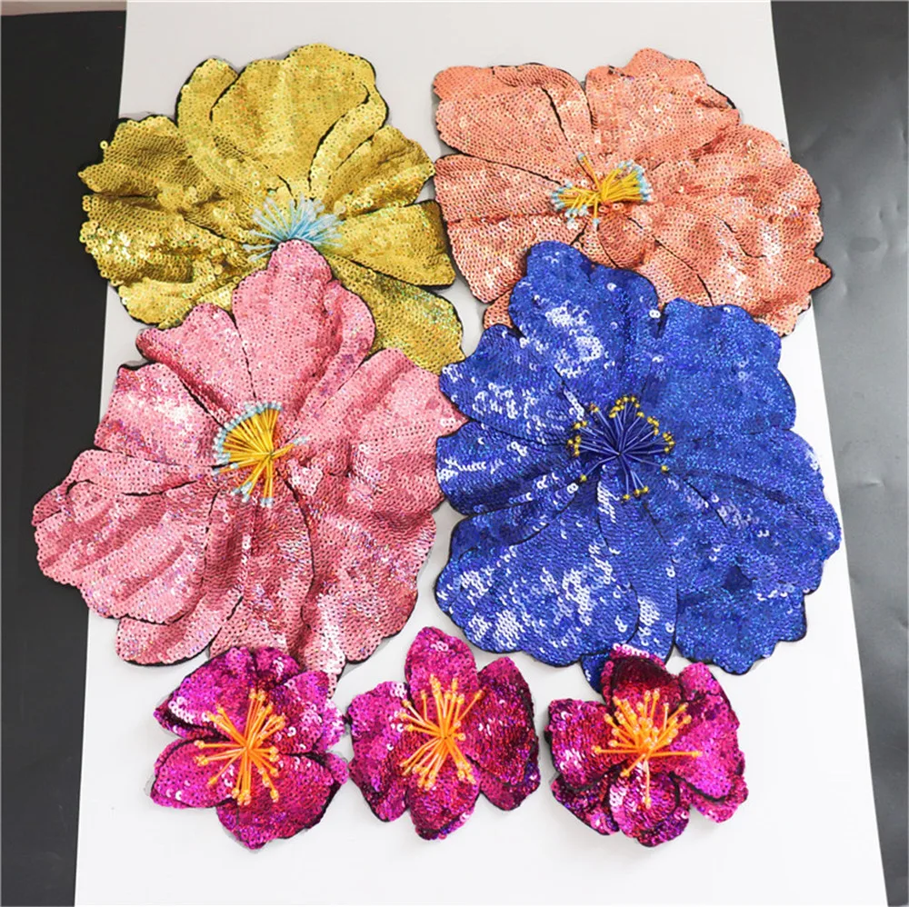 AHYONNIEX 1-teilige große Pailletten-Blumen-Aufnäher, modische bestickte Applikation für Kleidung, Aufnäher zum Aufnähen für Kleidung