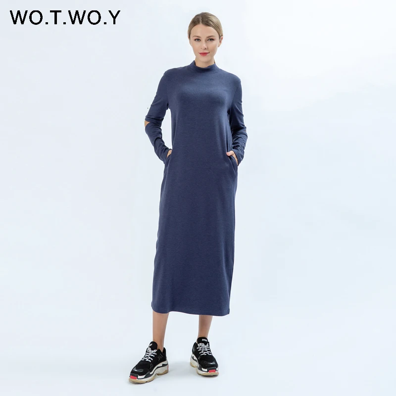 WOTWOY Новое повседневное осеннее платье, женское платье с карманами и прорезями, с рукавом, в полоску, с круглым вырезом, женское вечернее платье, до середины икры, с длинным рукавом, женское платье-рубашка