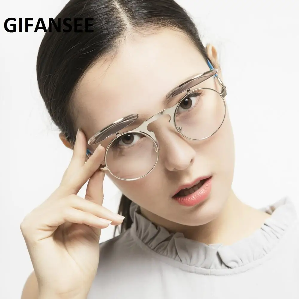 

GIFANSEE Steampunk Flip Up Men Sunglasses PUNK Women Retro Round Metal Frame Sun Glasses Hinge Design Curved Glasses Legs UV400