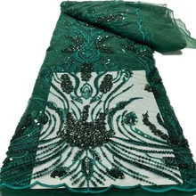 

2022 High Grade African Wedding Tulle Lace Fabric With Amazing Tube Beads Sequins Embroidery Green French Net Lace 5 Yards/Piece