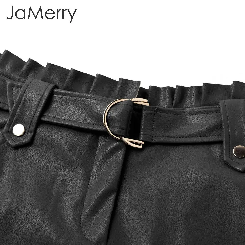 JaMerry, Женская юбка из искусственной кожи, с поясом, с оборками, высокая талия, Женская мини-юбка, трапециевидная, вечерние, Клубная одежда, Женская Сексуальная короткая юбка