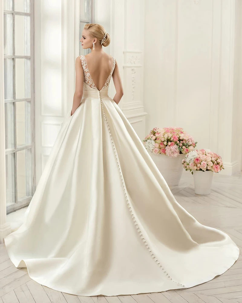 Атласные свадебные платья на заказ, прямые поставки из Китая, Vestido Casamento, плиссированные аппликации на пуговицах, сексуальные Простые платья трапециевидной формы с открытой спиной в стиле бохо