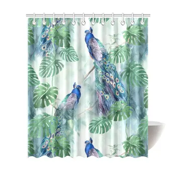 

Peacock with Palm Tree Leaves Painting Home Decor Waterproof Polyester Bathroom Shower Curtain Bath with Hooks, 72(Wide) x