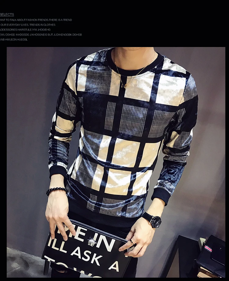 Дизайнерская футболка с принтом Homme Club Outfit, Мужская облегающая бархатная футболка с длинным рукавом и круглым вырезом, осень, роскошная мужская Велюровая футболка