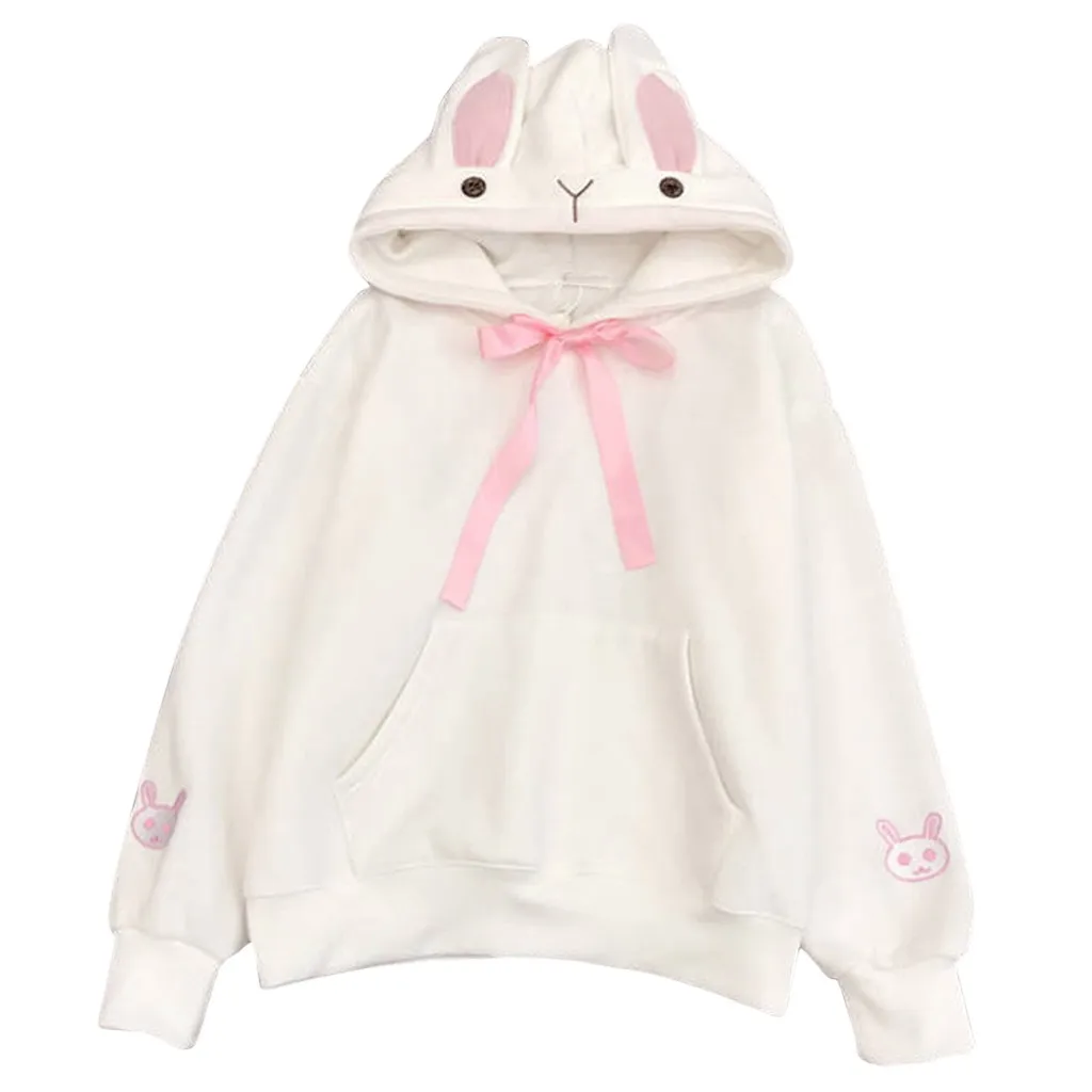 Стильный бар Harajuku Kawaii толстовки для женщин топ милый кролик уха Толстовка Женский негабаритный пуловер с капюшоном модная уличная