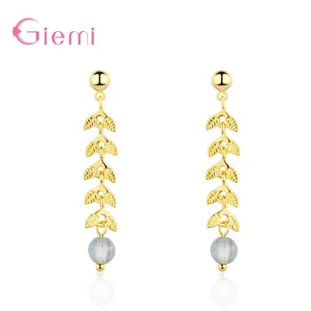 

Dainty Leaves Long Tassel Drop Earring 925 Sterling Silver MoonStone Bead Pendant Earring For Women Girl Christmas Jewelry