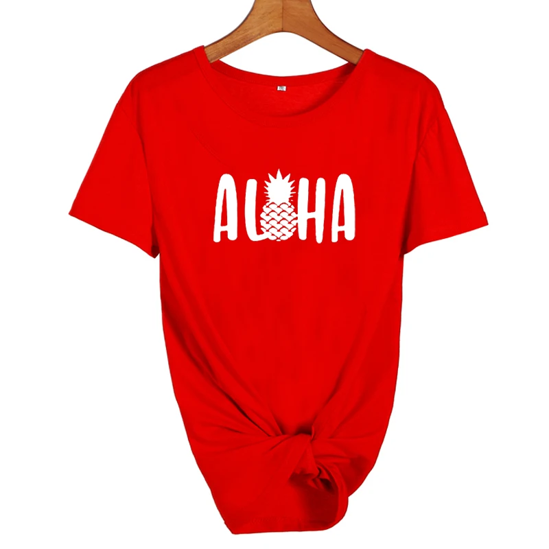 Надпись "Алоха Гавайи" Harajuku tumblr футболка летние хлопковые топы женские футболки с принтом ананаса каникулы Графические футболки черные белые футболки - Цвет: red-white